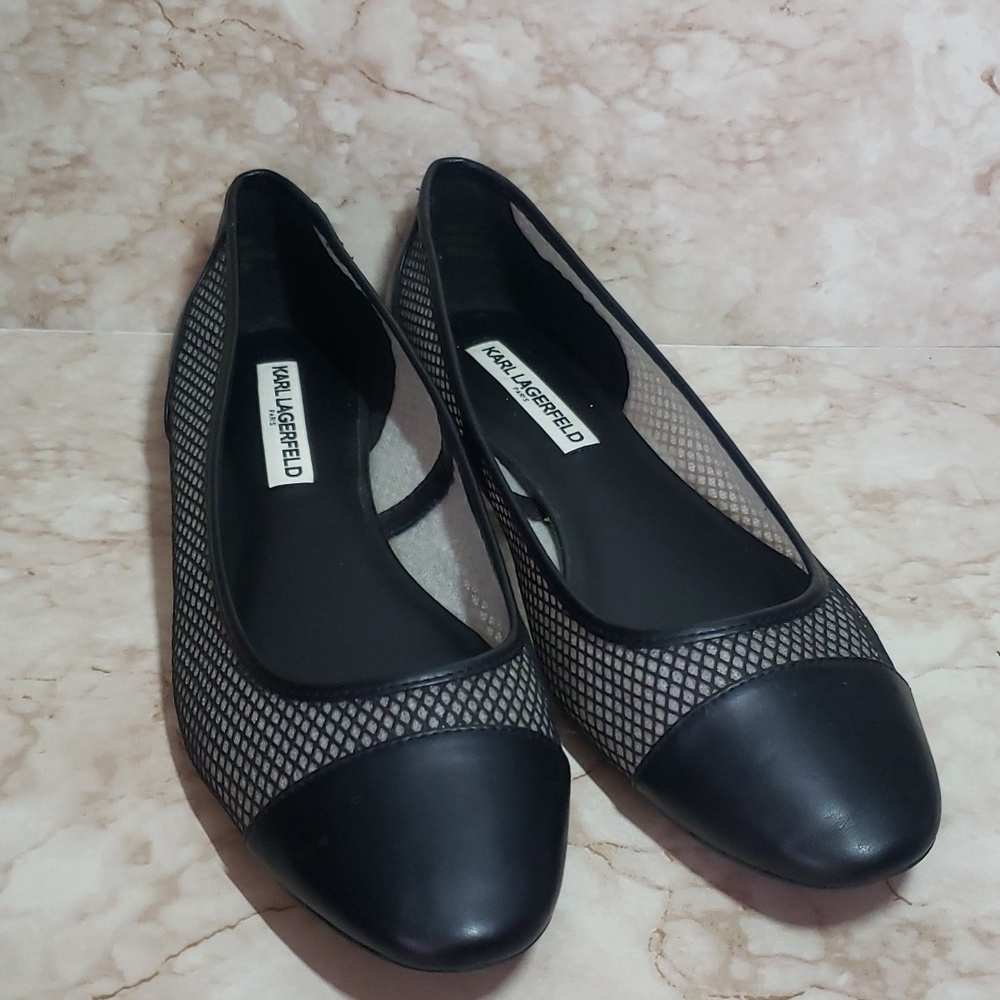 Karl Lagerfeld black round toe black leather mesh upper flats woman size 10